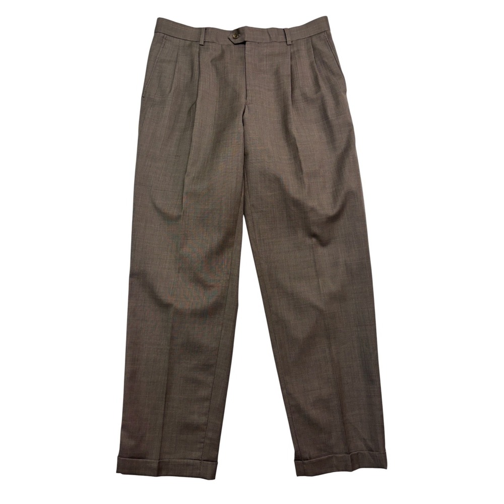 Profilo Uomo 36x34 Brown Dress Suit Pants 100% Wool Pleated Trousers Cuffed Mens